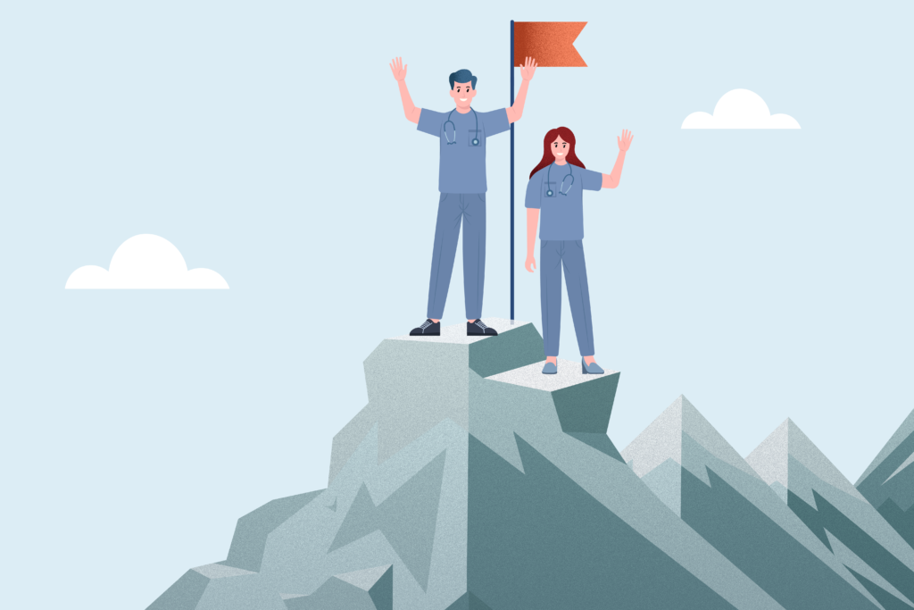 18. Two doctors waving on the top of a mountain leren en ontwikkelen en naar de top van een berg toe groeien