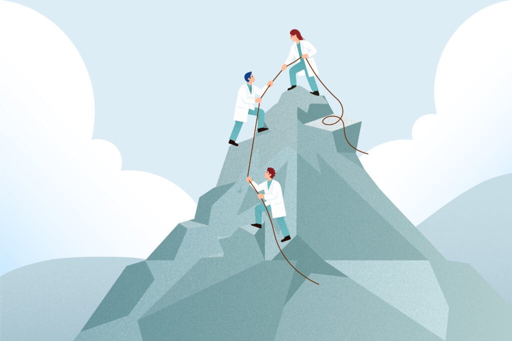 21.Multiple doctors helping each other to climb a mountain (1)