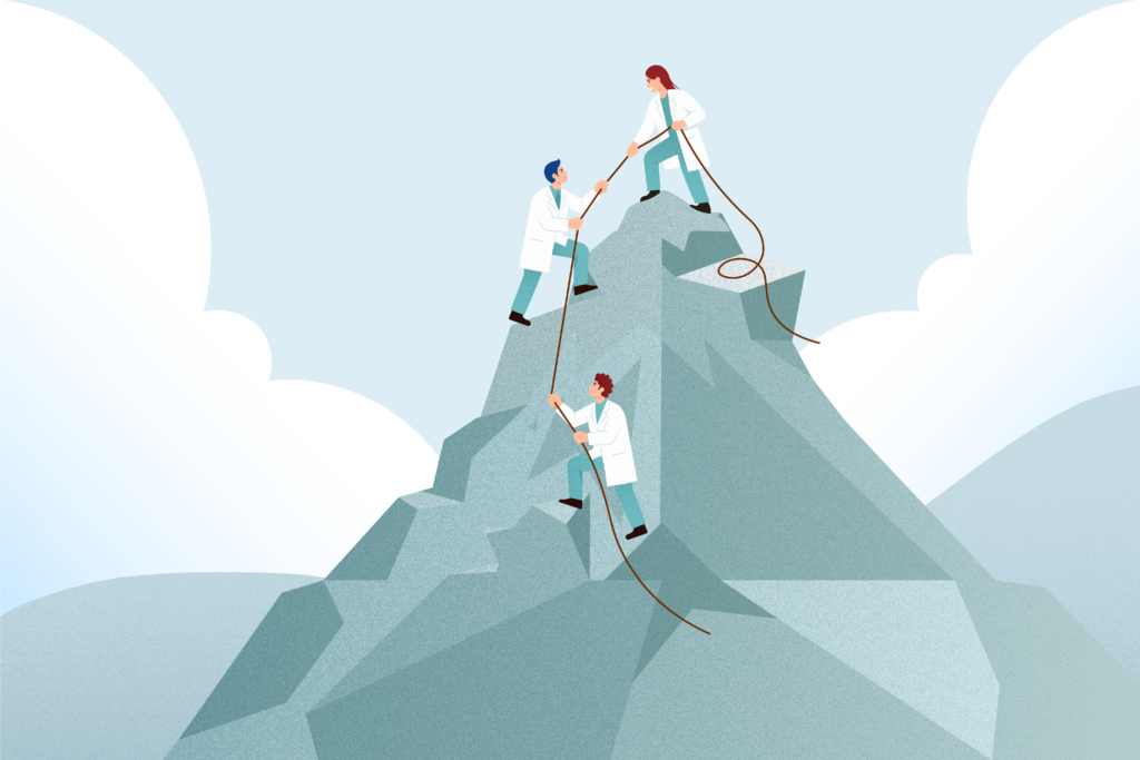 Berg met artsen die naar de top klimmen - Nationale a(n)ios enquête Gezond en veilig 2024